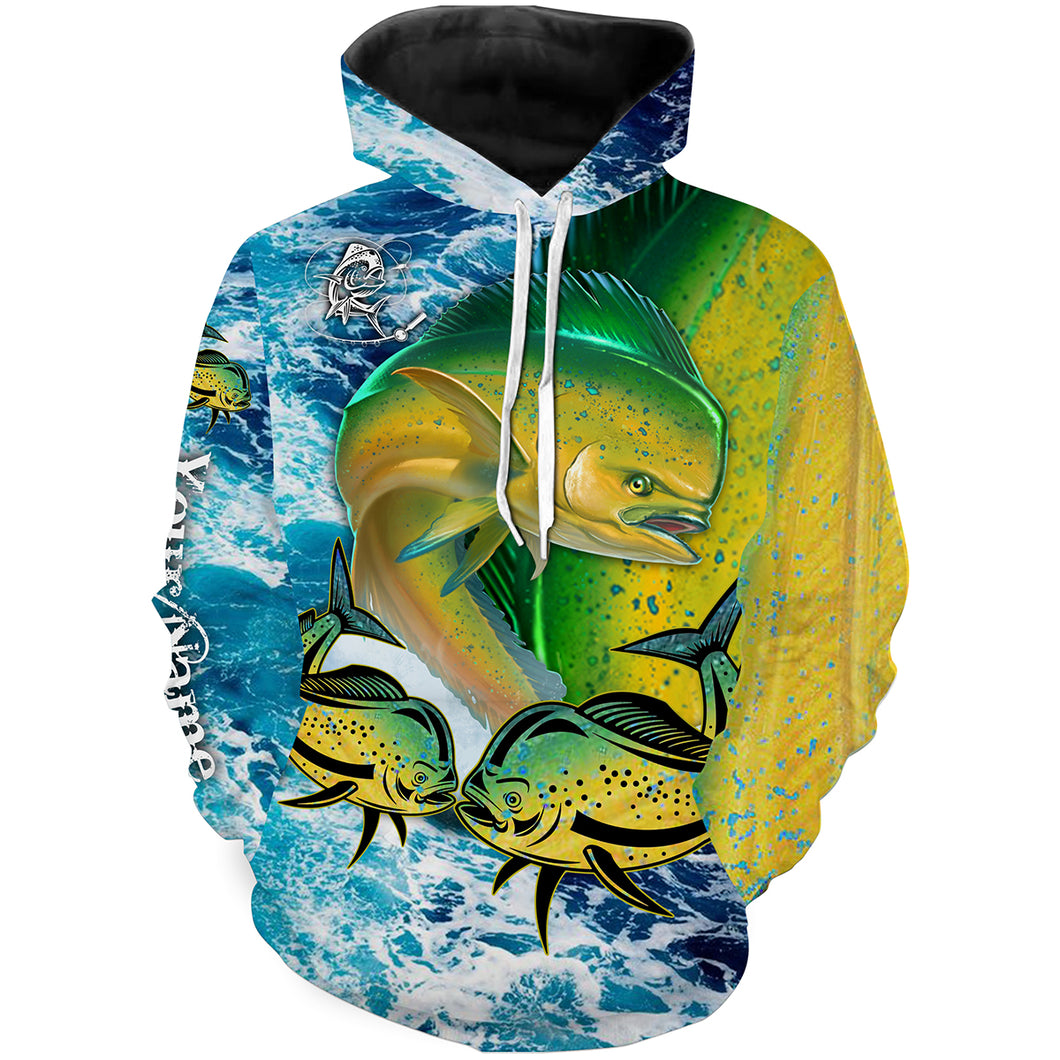 Mahi mahi Fishing blue sea wave camo saltwater fishing Customize name 3D All Over Printed fishing hoodie NPQ469