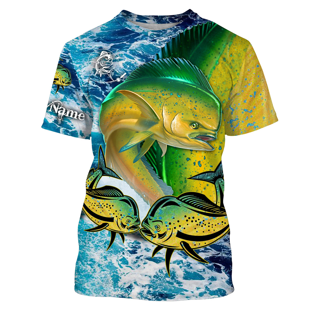 Mahi mahi Fishing blue sea wave camo saltwater fishing Customize Name All-over Print Unisex fishing T-shirt NPQ469