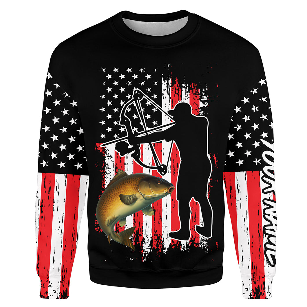 Carp fishing bow fishing American flag patriotic Custom Name 3D All Over Printed Shirts, bow fishing tournament shirt | Sweatshirt - NPQ554