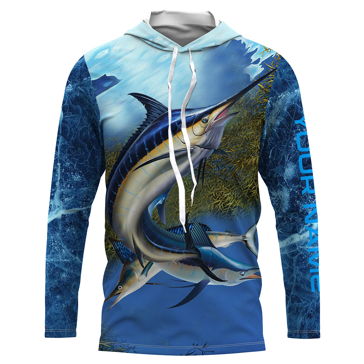 Marlin fishing blue deep sea fishing Custom Name Long sleeve, Long Sleeve Hooded Fishing Shirt - NPQ664