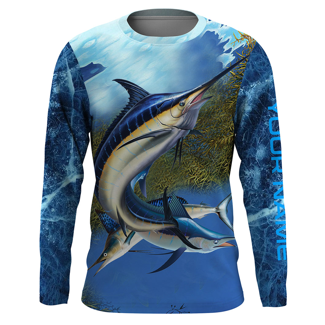 Marlin fishing blue deep sea fishing Custom Name Long sleeve, Long Sleeve Hooded Fishing Shirt - NPQ664