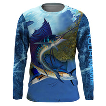 Load image into Gallery viewer, Sailfish fishing blue deep sea fishing Custom Name Long sleeve, Long Sleeve Hooded Fishing Shirt - NPQ665
