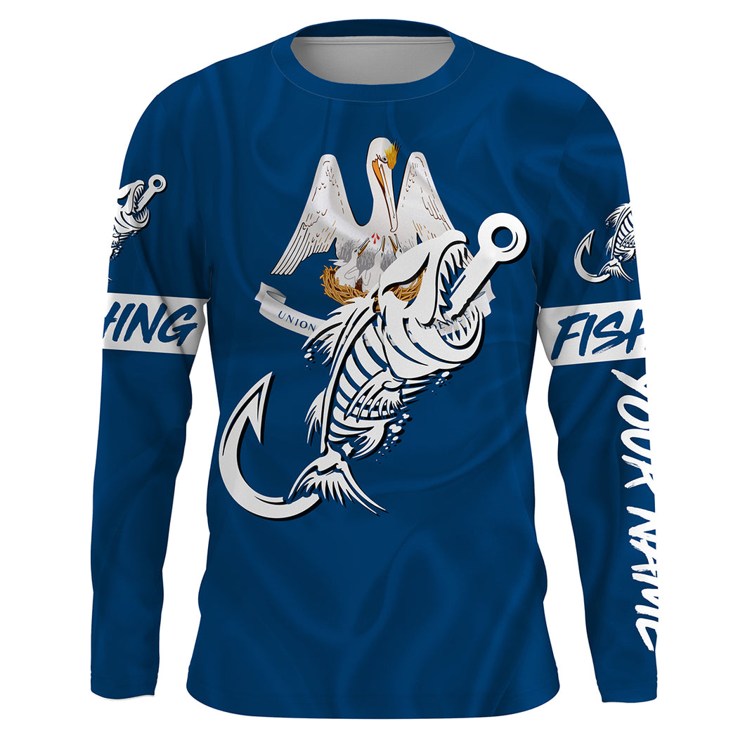 LA Fishing Custom Louisiana Flag Fish hook skull custom fishing Long sleeve, Long Sleeve Hooded NPQ705