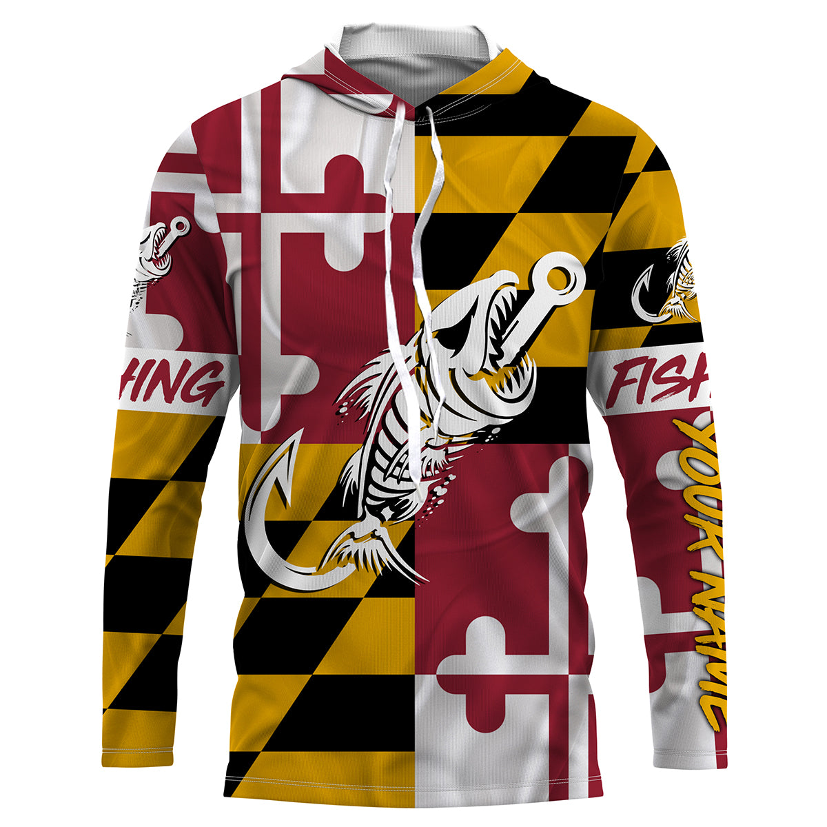 MD Fishing Custom Maryland Flag Fish hook skull custom fishing Long sleeve, Long Sleeve Hooded NPQ706