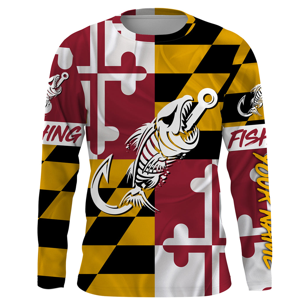 MD Fishing Custom Maryland Flag Fish hook skull custom fishing Long sleeve, Long Sleeve Hooded NPQ706