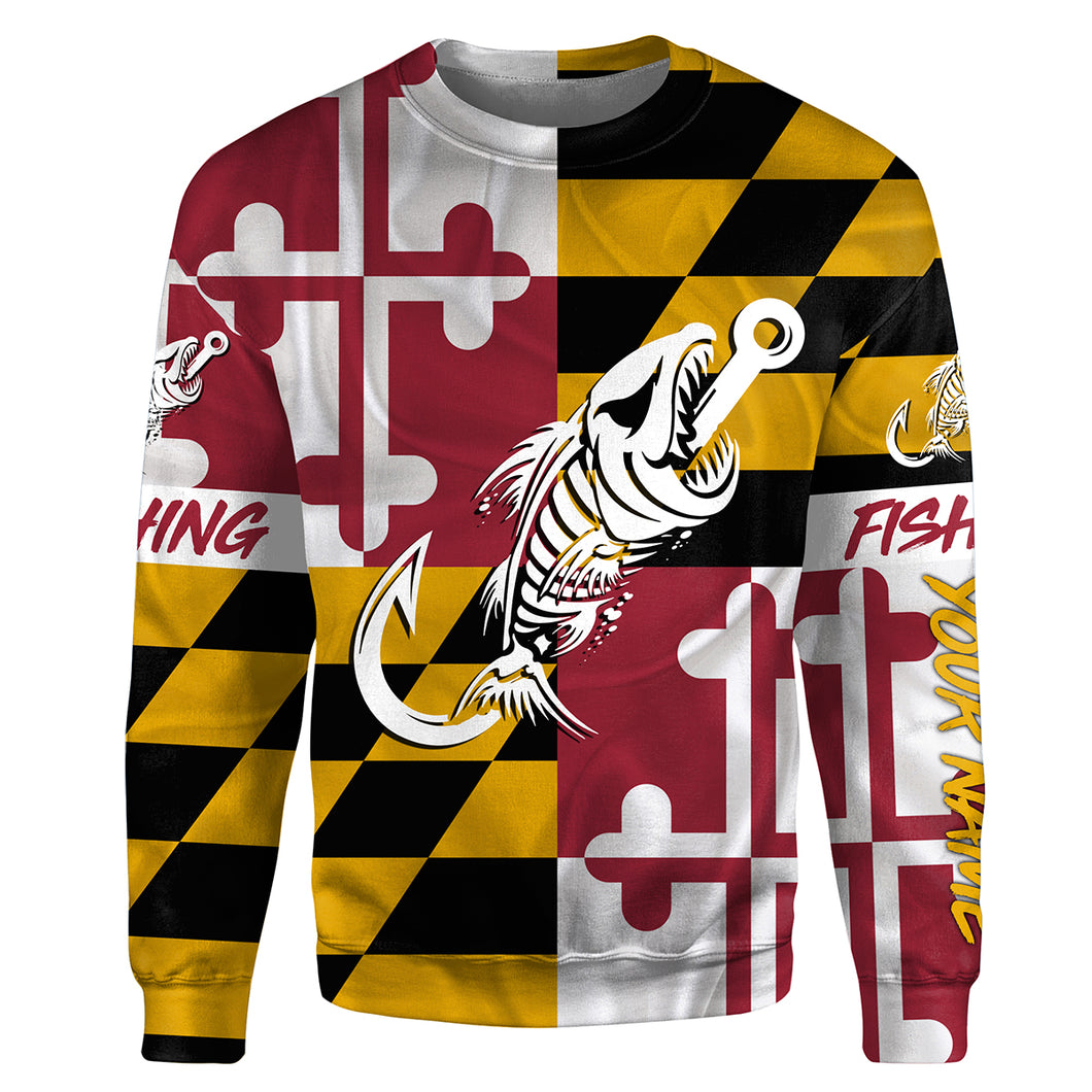 MD Fishing Custom Maryland Flag Fish hook skull custom fishing tournament shirts | Sweatshirt - NPQ706