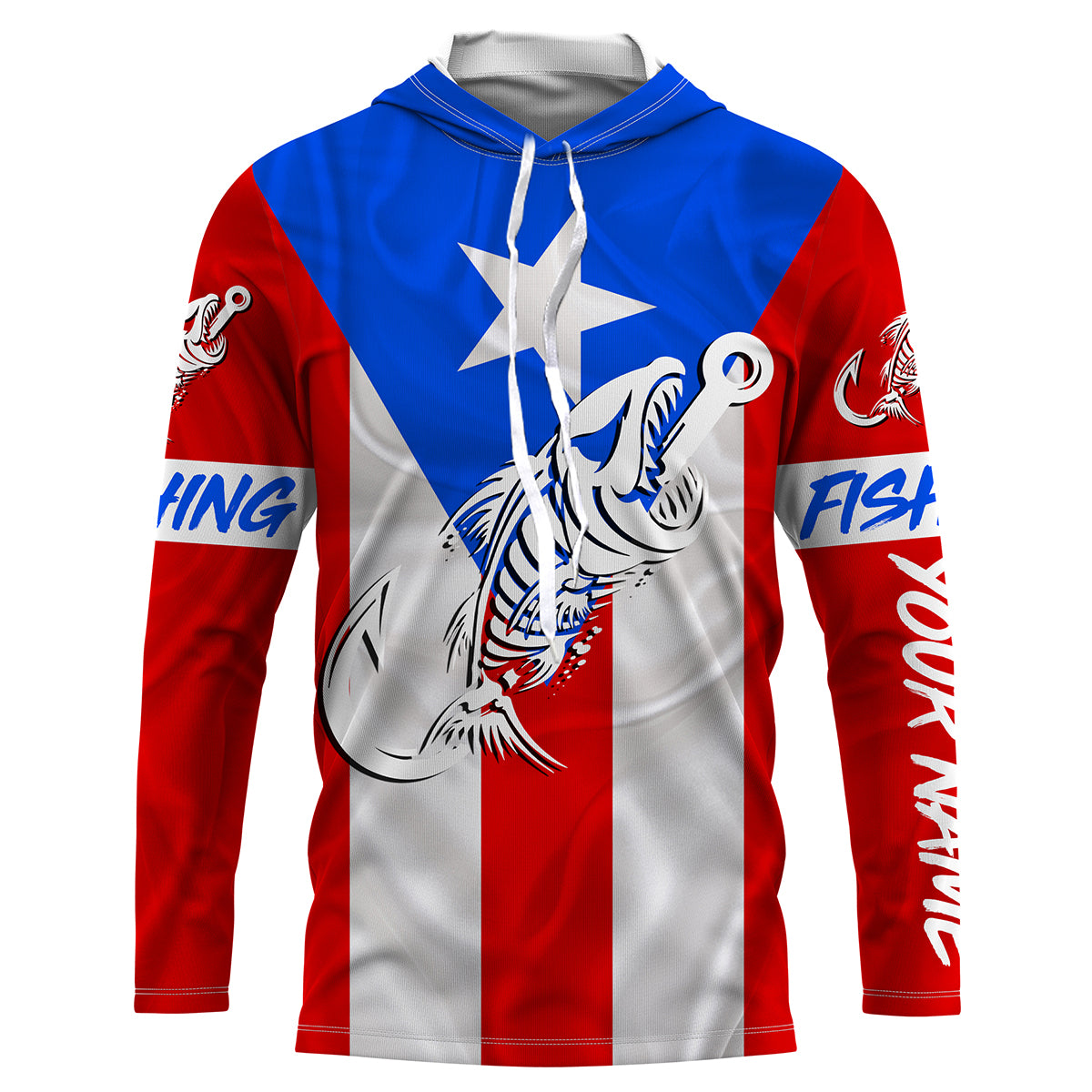 Puerto Rico Fishing Custom Flag Fish hook skull custom fishing Long sleeve, Long Sleeve Hooded NPQ707