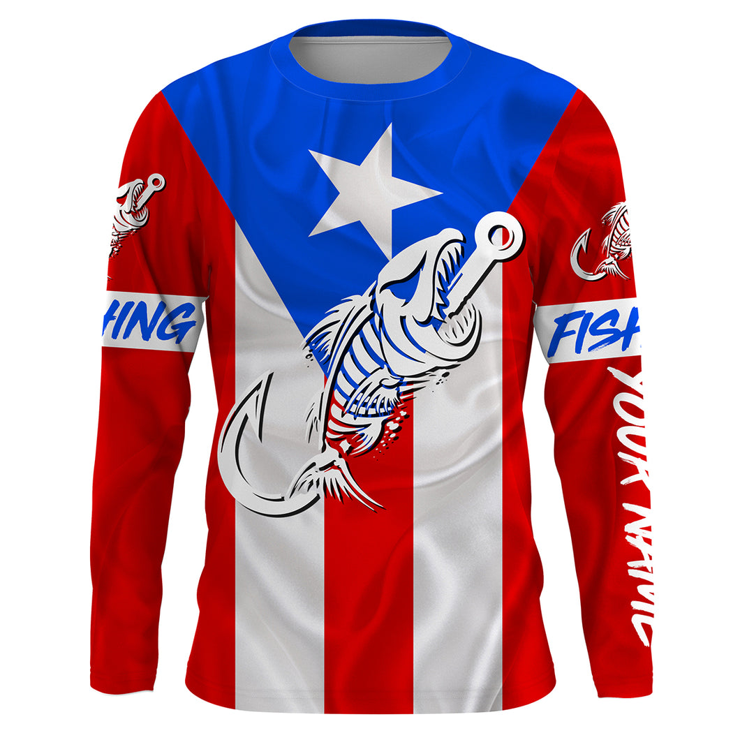 Puerto Rico Fishing Custom Flag Fish hook skull custom fishing Long sleeve, Long Sleeve Hooded NPQ707