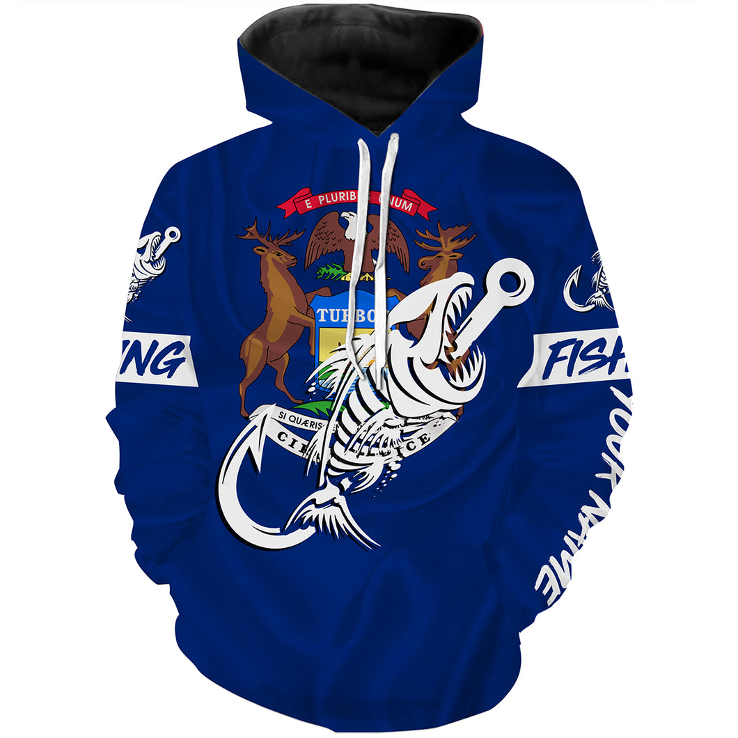 MI Fishing Custom Michigan Flag Fish hook skull custom fishing tournament shirts | Hoodie - NPQ709