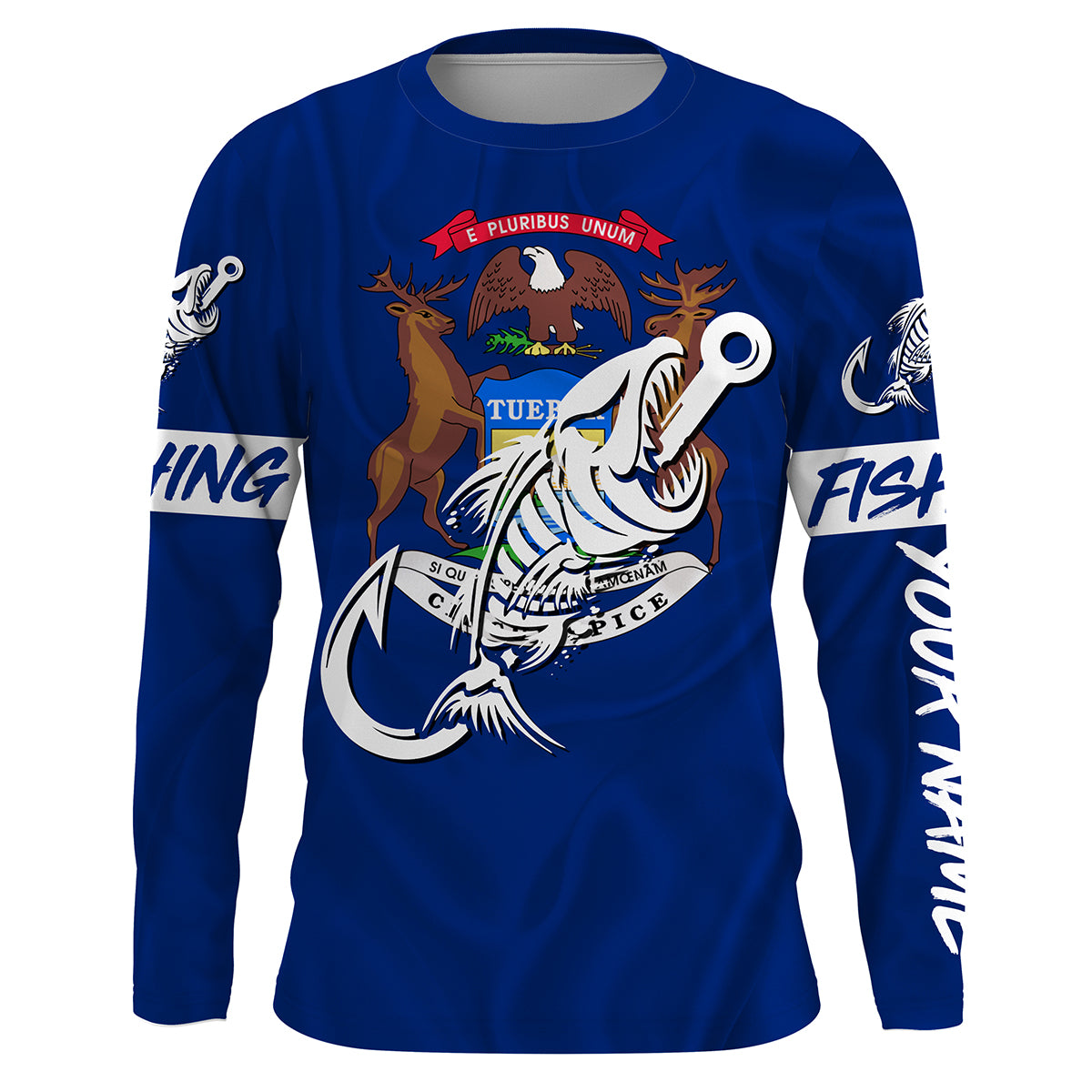 MI Fishing Custom Michigan Flag Fish hook skull custom fishing Long sleeve, Long Sleeve Hooded NPQ709