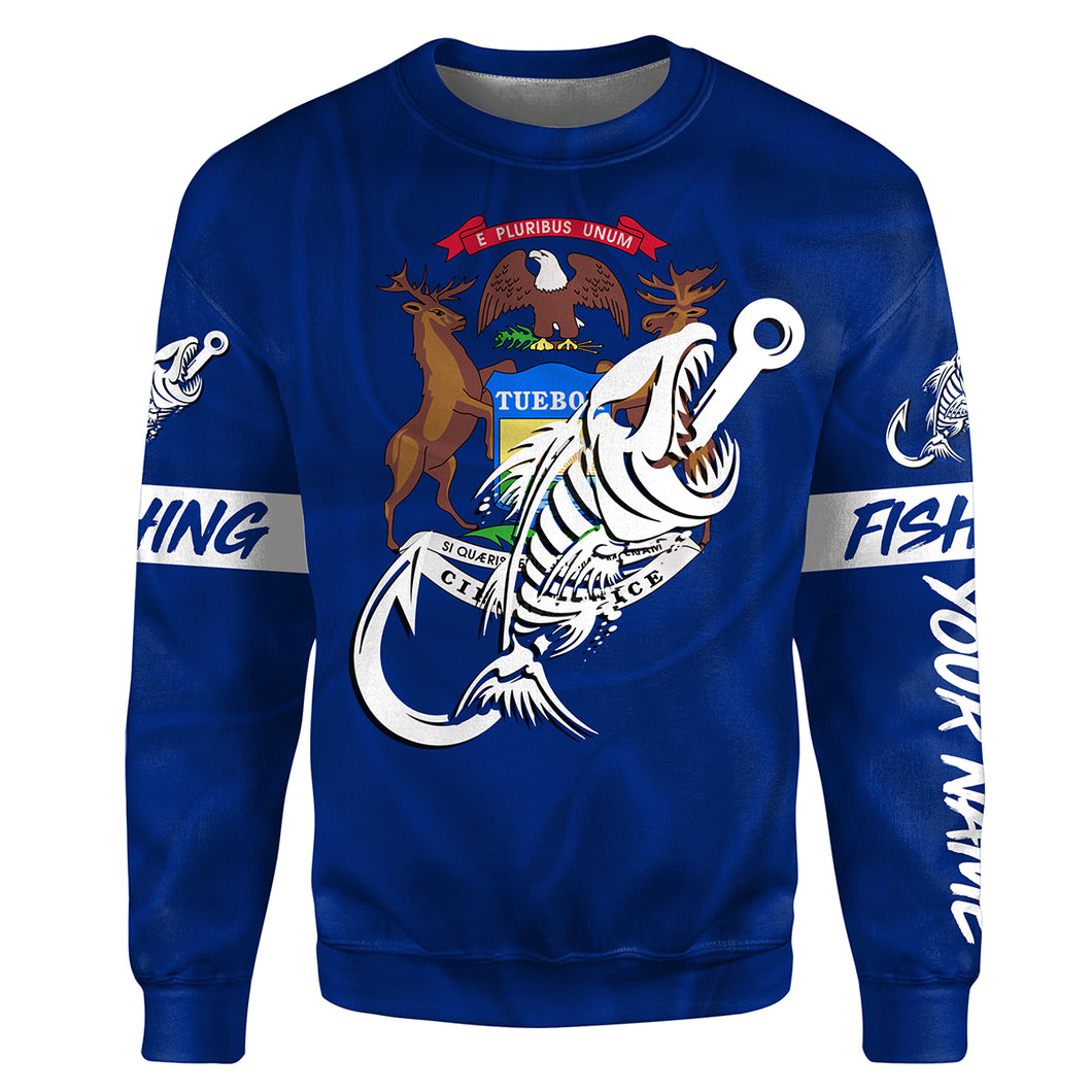 MI Fishing Custom Michigan Flag Fish hook skull custom fishing tournament shirts | Sweatshirt - NPQ709
