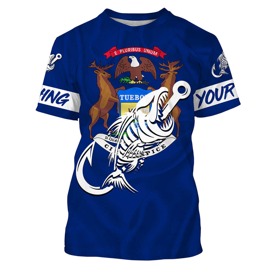 MI Fishing Custom Michigan Flag Fish hook skull custom fishing tournament shirts | Tshirt - NPQ709