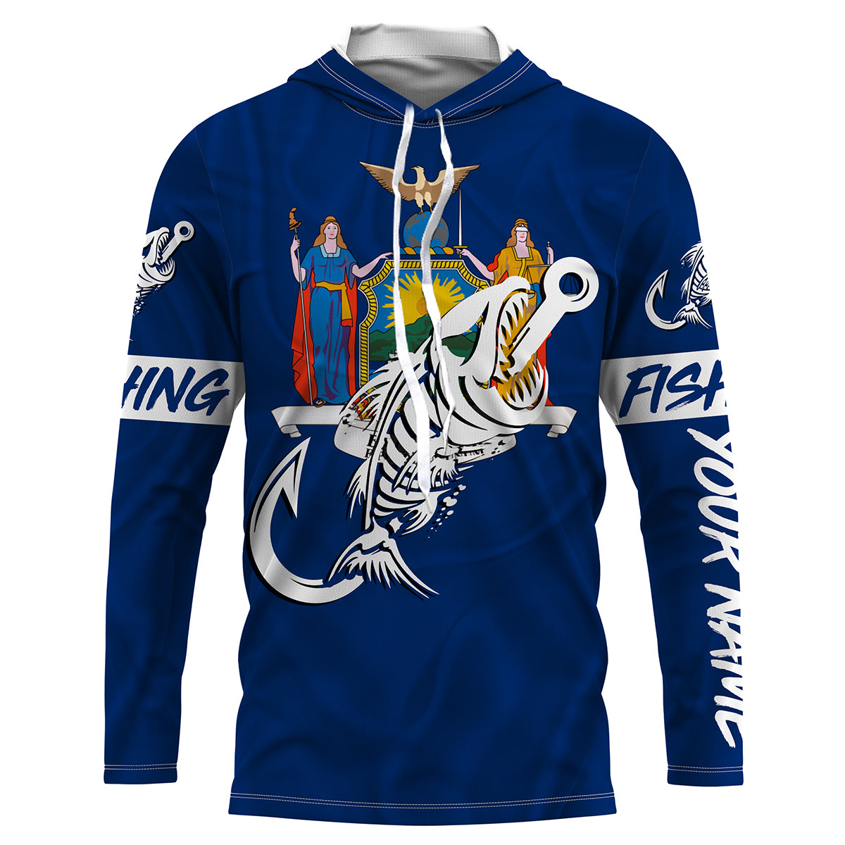 NY Fishing Custom New York Flag Fish hook skull custom fishing Long sleeve, Long Sleeve Hooded NPQ710