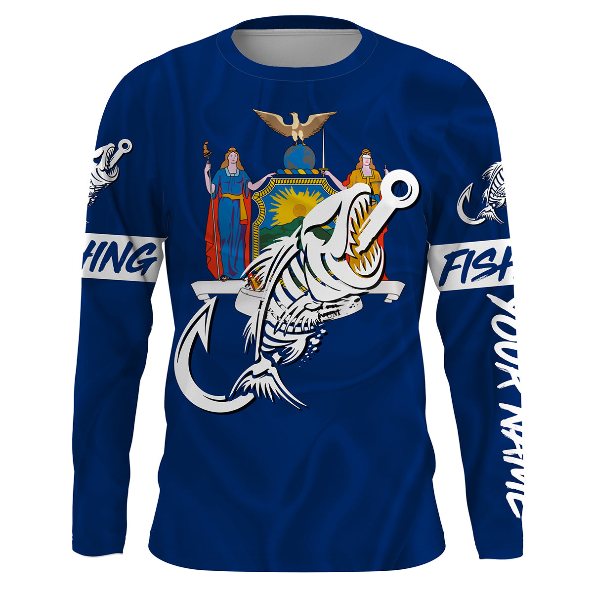 NY Fishing Custom New York Flag Fish hook skull custom fishing Long sleeve, Long Sleeve Hooded NPQ710