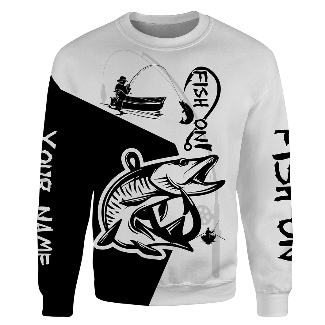 Musky Fish On black and white Customize name 3D All-over Print Crew Neck Sweatshirt, personalized fishing gift NPQ277