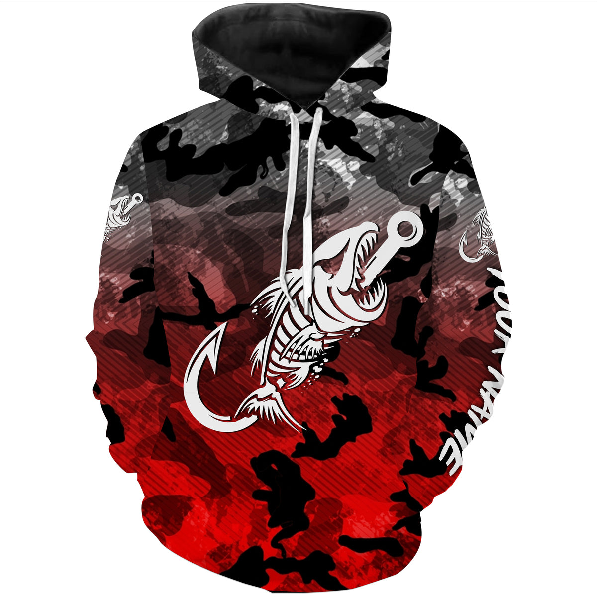 Fish hook skull Black Red Camo fish reaper Custom name fishing jerseys  | Hoodie - NPQ830