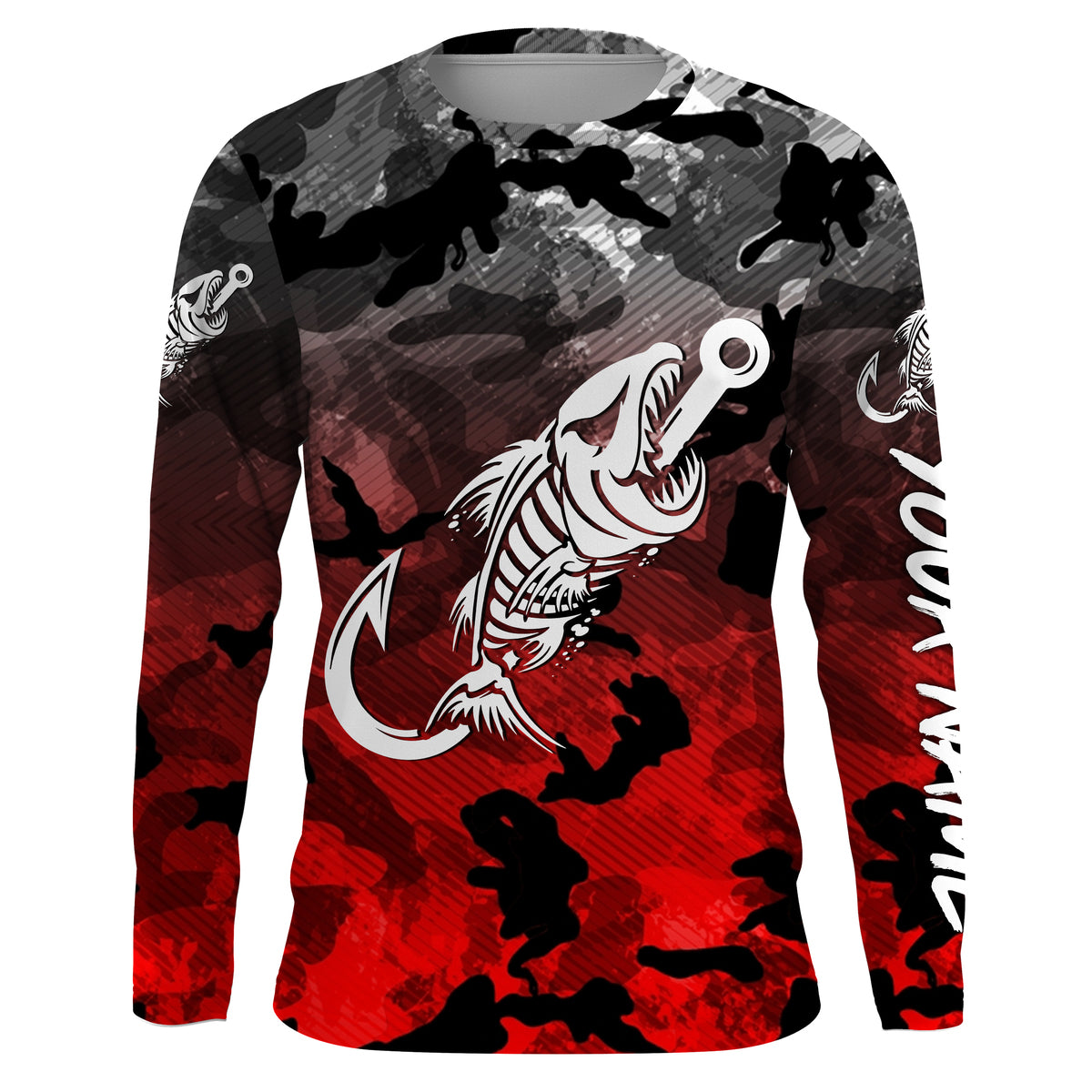 Fish hook skull Black Red Camo fish reaper Custom name fishing jerseys | Long sleeve, Long Sleeve Hooded NPQ830