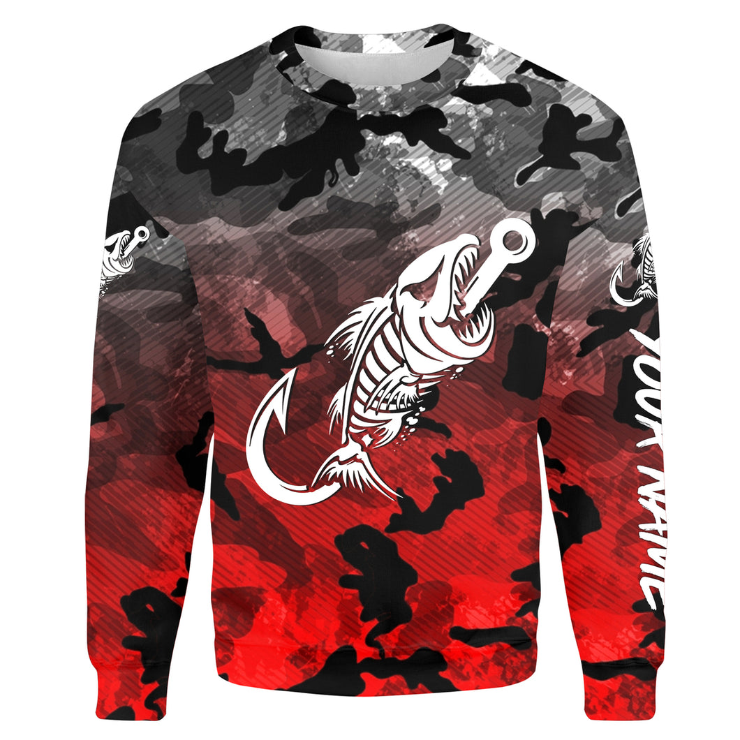 Fish hook skull Black Red Camo fish reaper Custom name fishing jerseys | Sweatshirt - NPQ830