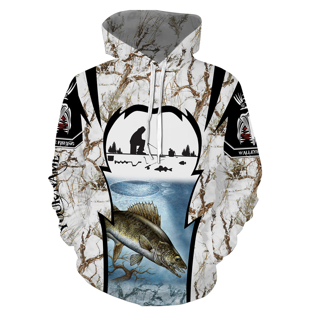 Ice fishing walleye winter camo fishing shirts Customize name 3D All Over Printed fishing hoodie, personalized fishing gift ideas NPQ246