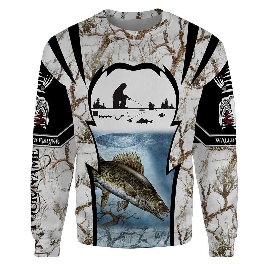 Ice fishing walleye winter camo fishing shirts Customize name 3D All-over Print Crew Neck Sweatshirt,personalized fishing gift ideas NPQ246