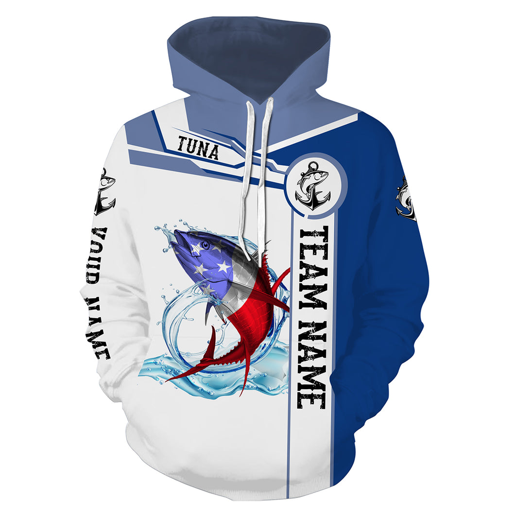 Tuna Fishing American Flag Customize name and team name tournament 3D All Over Printed fishing hoodie, personalized fishing gift NPQ357