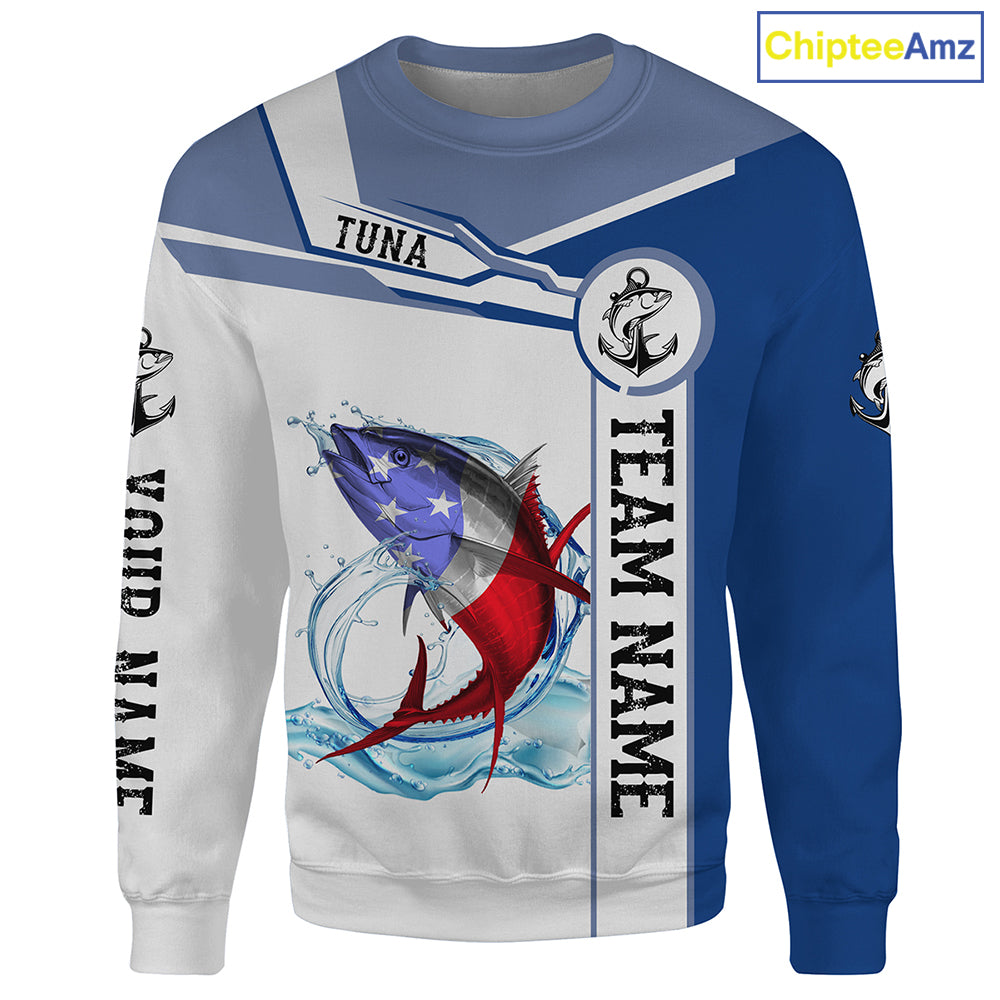 Tuna Fishing American Flag Custom name and team name tournament Sweatshirt, personalized fishing gift NPQ357