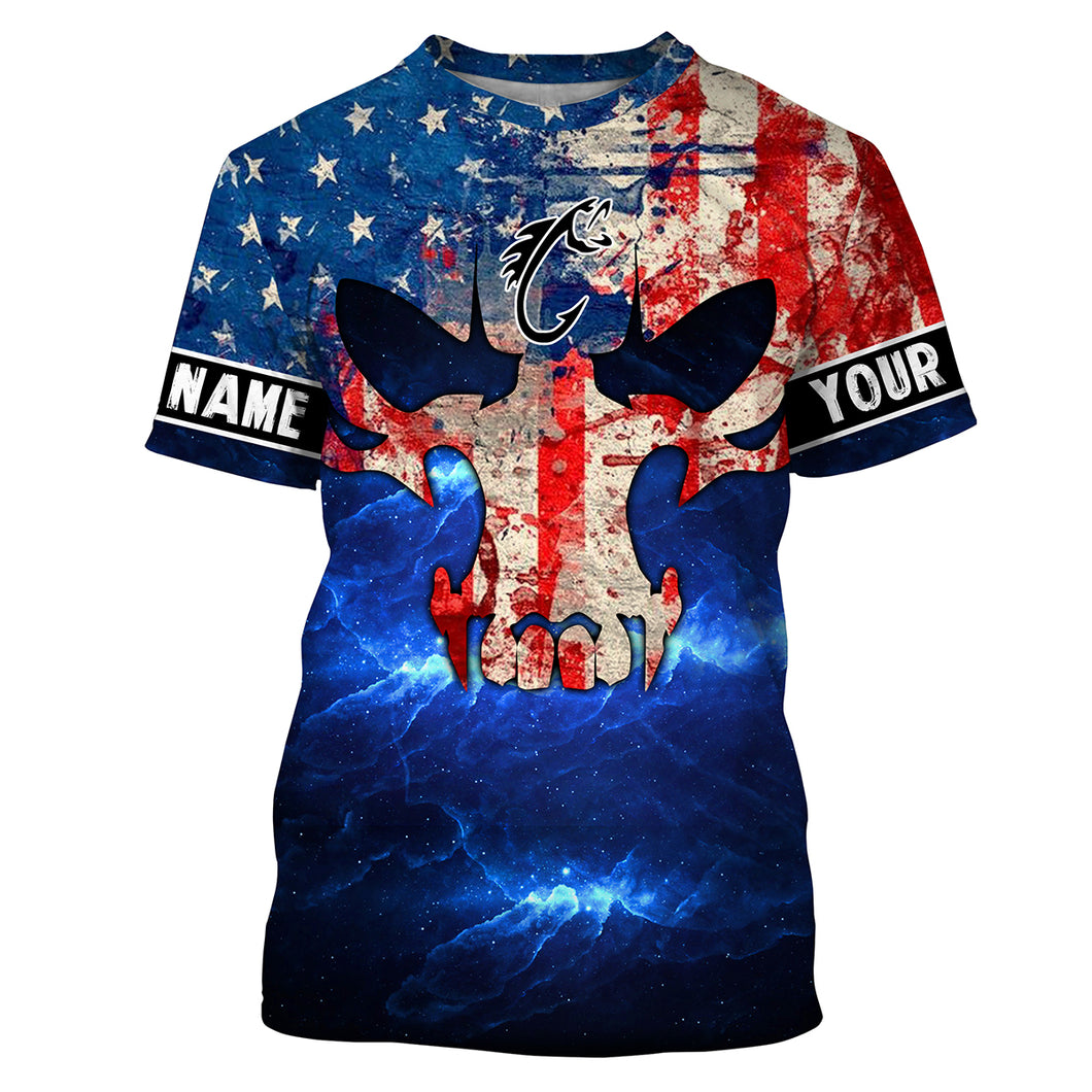 American Flag Fish reaper blue galaxy Customize Name All-over Print Unisex fishing T-shirt NPQ358