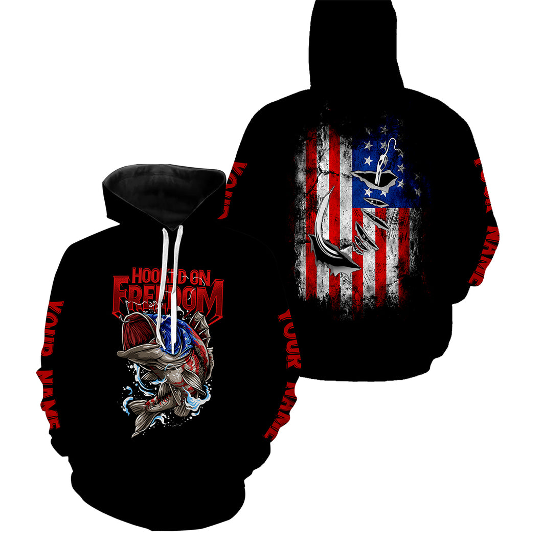 Largemouth Bass Fishing American Flag Hooked on Freedom Customize name 3D All Over Printed fishing hoodie NPQ520
