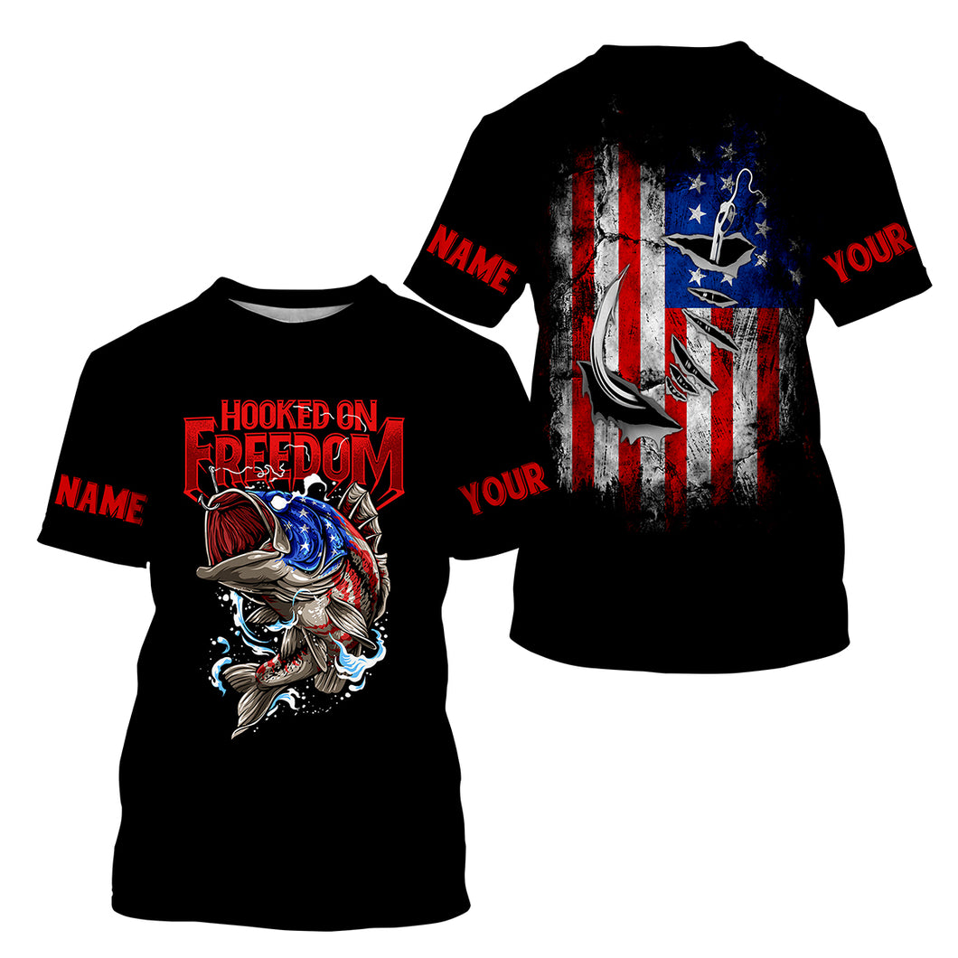 Largemouth Bass Fishing American Flag Hooked on Freedom Customize Name All-over Print Unisex fishing T-shirt NPQ520
