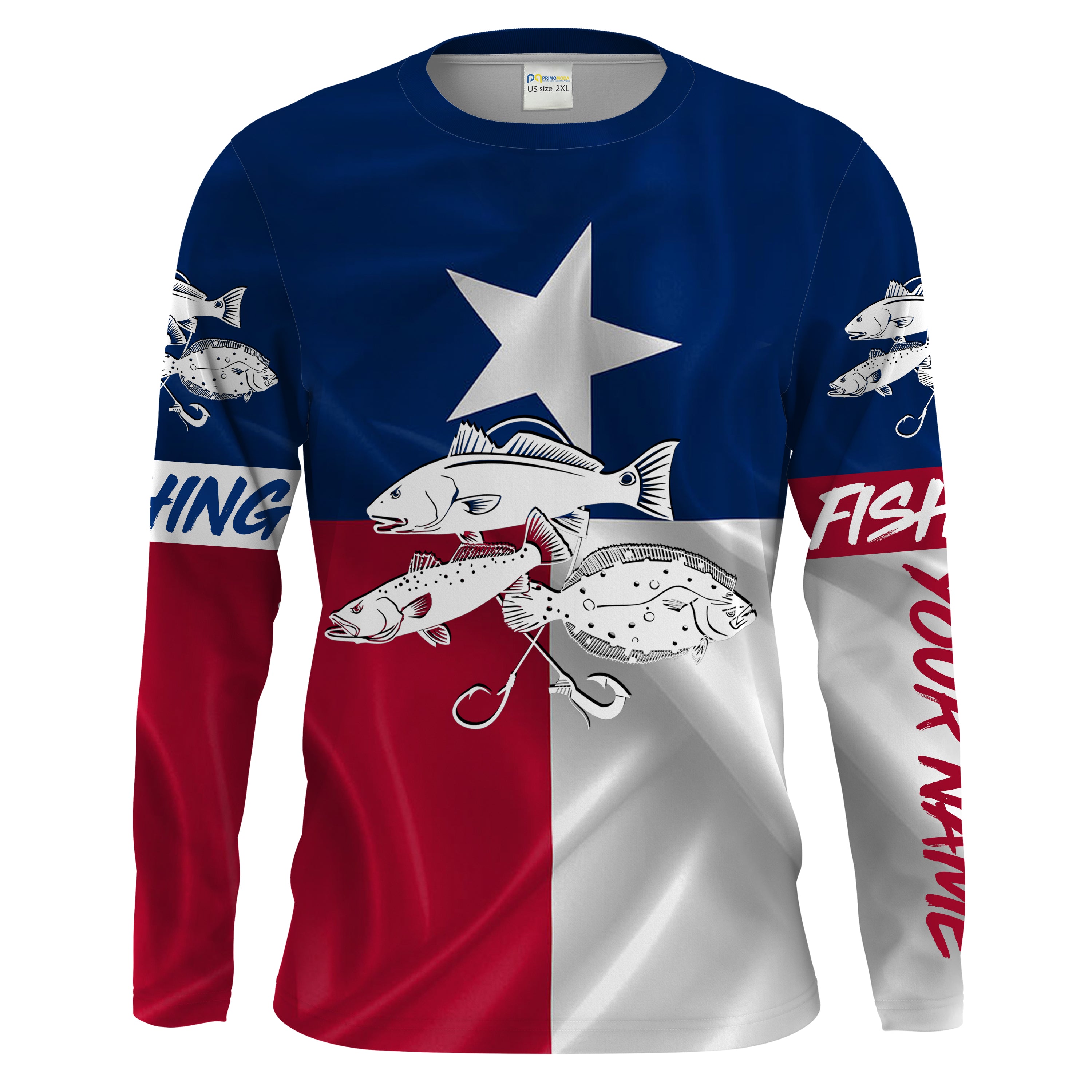 Redfish trout flounder Texas Slam fishing Texas Flag UV protection Custom name long sleeves UPF 30+ NPQ3