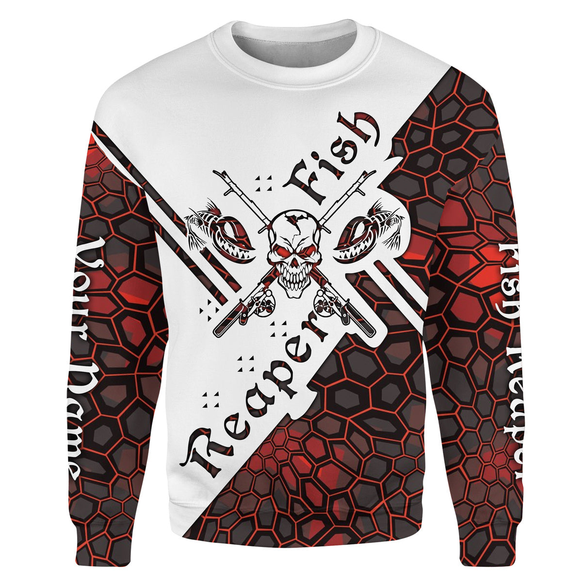 Fish reaper skull red camo Custom name fishing shirts jerseys | Sweatshirt - NPQ915