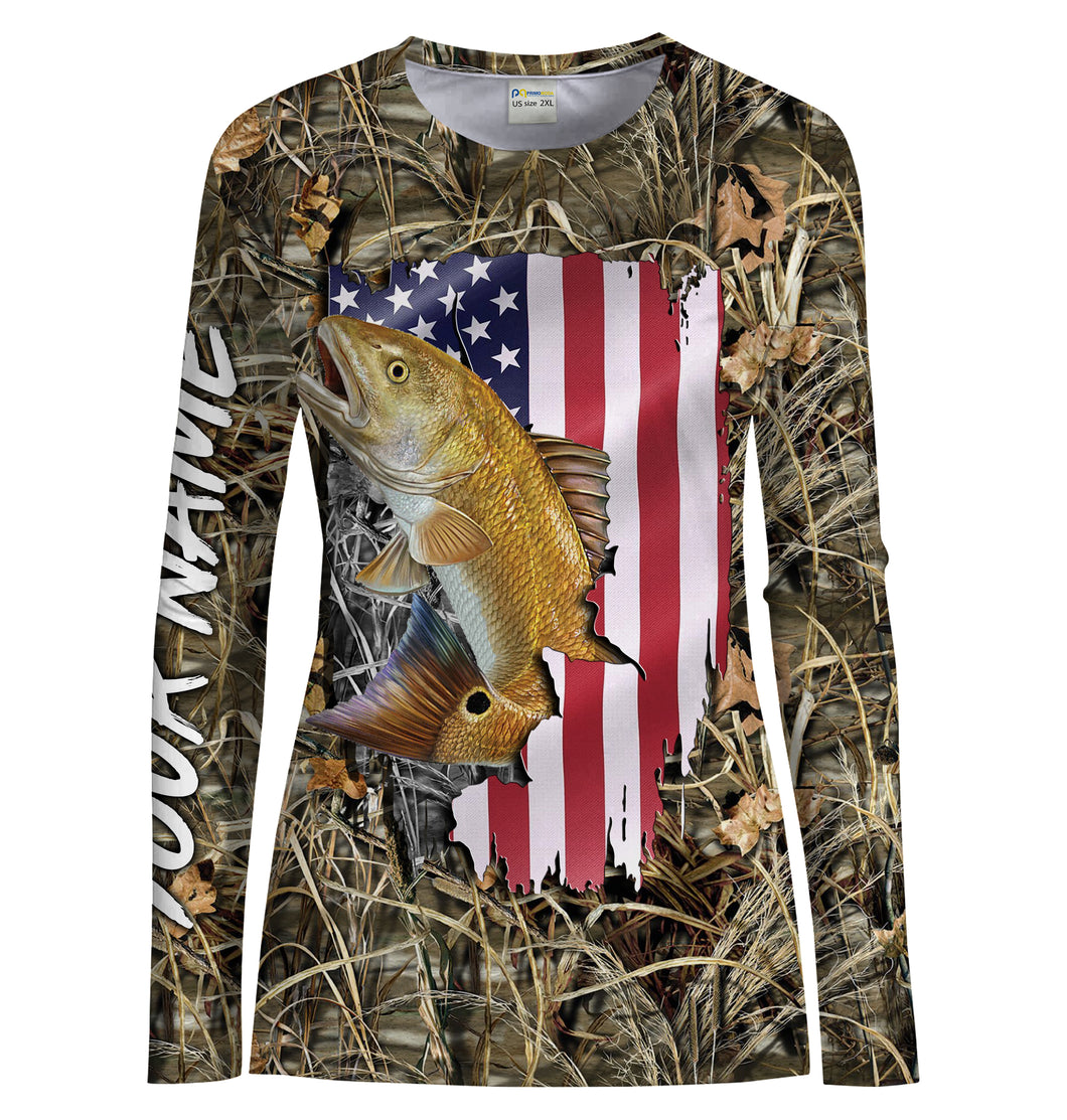 American flag Redfish fishing camo Customize Name UV protection UPF 30+ long sleeves fishing shirt for women NPQ85