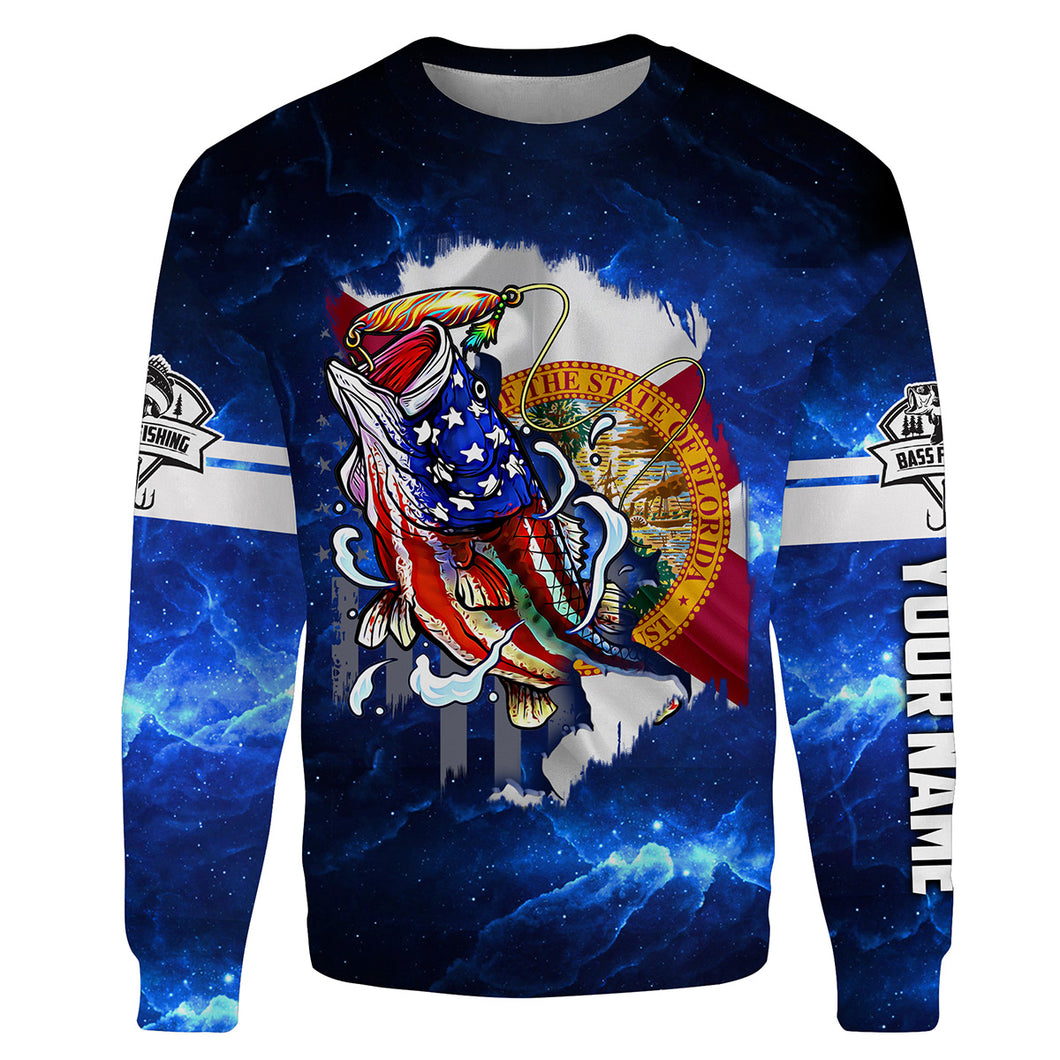Florida Bass Fishing US blue galaxy shirts Custom Name 3D All Over Printed Sweatshirt - NPQ628
