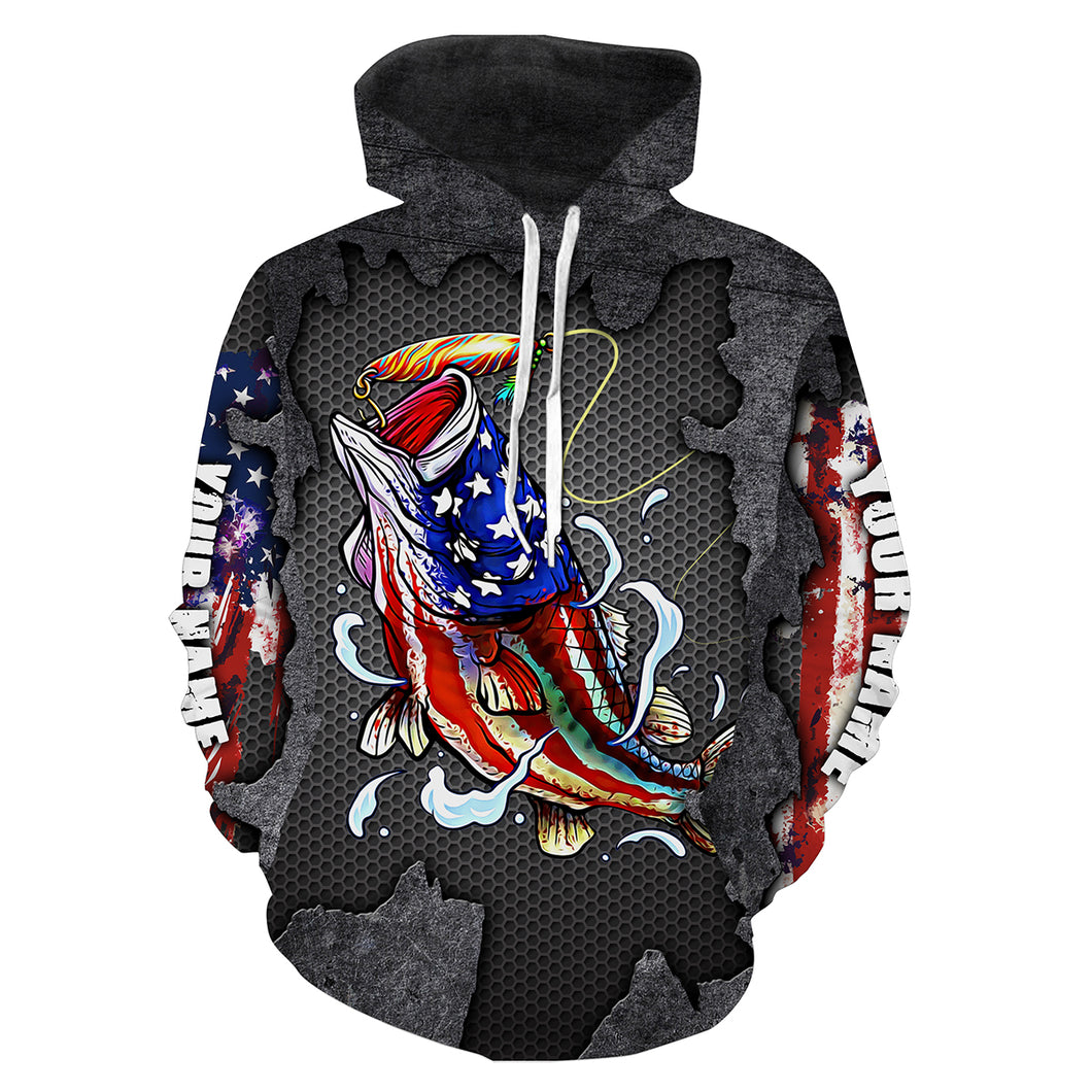 Largemouth bass Fishing fish reaper American flag Customize name 3D All Over Printed fishing hoodie, personalized fishing gift NPQ365