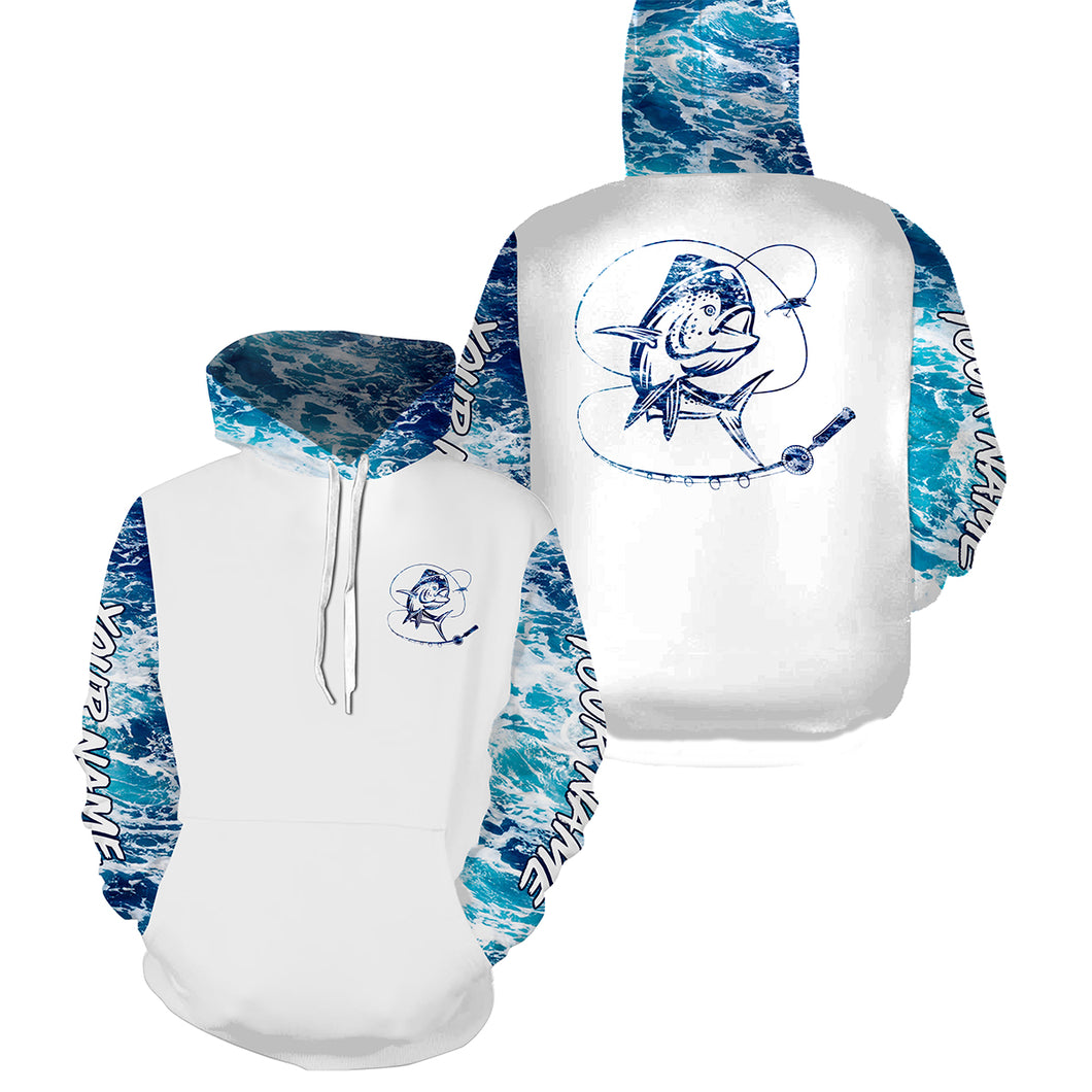 Mahi mahi Dorado Saltwater Fishing blue Sea wave camo Customize name 3D All Over Printed fishing hoodie, personalized fishing gift NPQ366