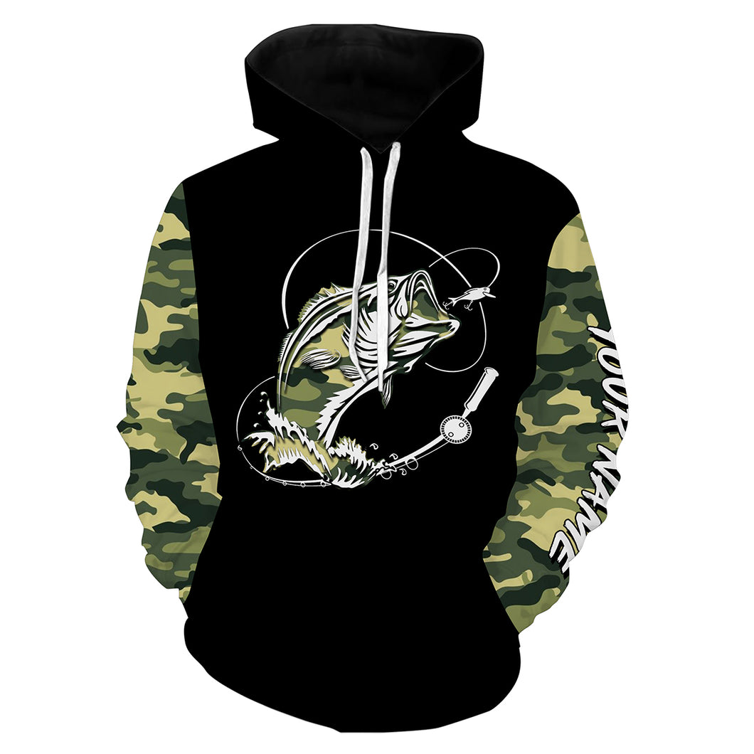 Bass Fishing tattoo green camo Customize name 3D All Over Printed fishing hoodie, personalized fishing gift NPQ367