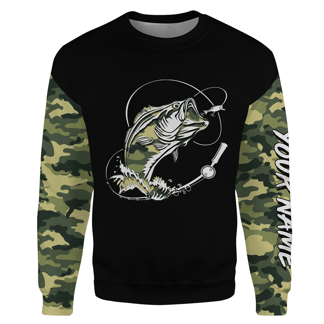 Bass Fishing tattoo green camo Customize name All-over Print Crew Neck Sweatshirt, personalized fishing gift NPQ367