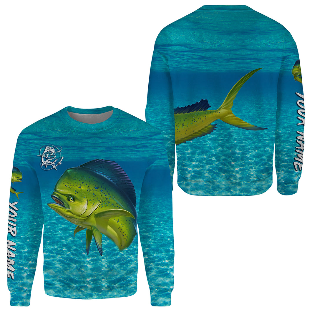 Mahi mahi (Dorado) Fishing Customize Name blue Water Camo All-over Print Crew Neck Sweatshirt, personalized fishing gift NPQ11