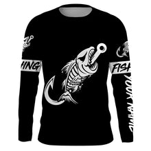 Load image into Gallery viewer, Black Fish hook skull fish reaper skeleton Custom name fishing jerseys | Long sleeve, Long Sleeve Hooded NPQ777
