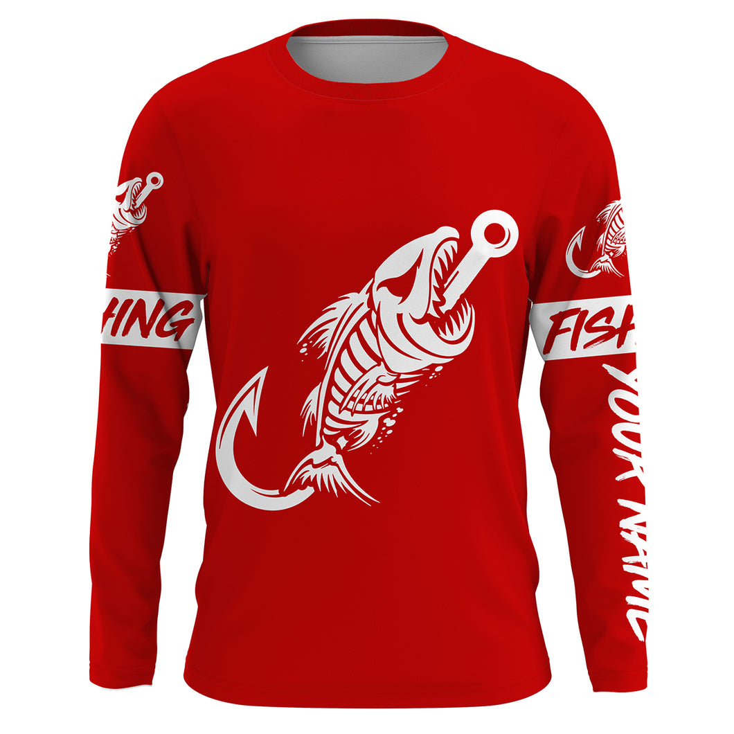 Red Fish hook skull fish reaper skeleton Custom name fishing jerseys | Long sleeve, Long Sleeve Hooded NPQ778