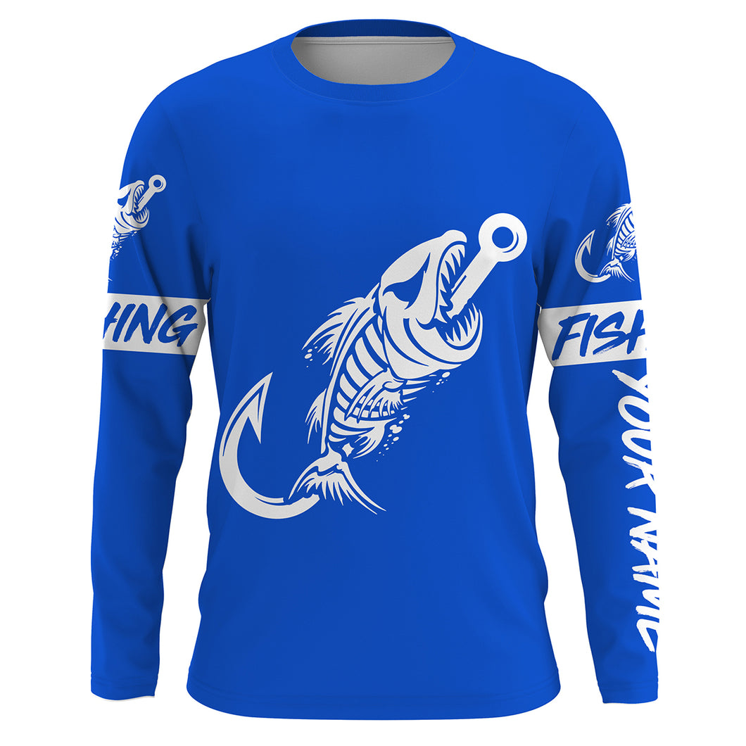 Blue Fish hook skull fish reaper skeleton Custom name fishing jerseys | Long sleeve, Long Sleeve Hooded NPQ779