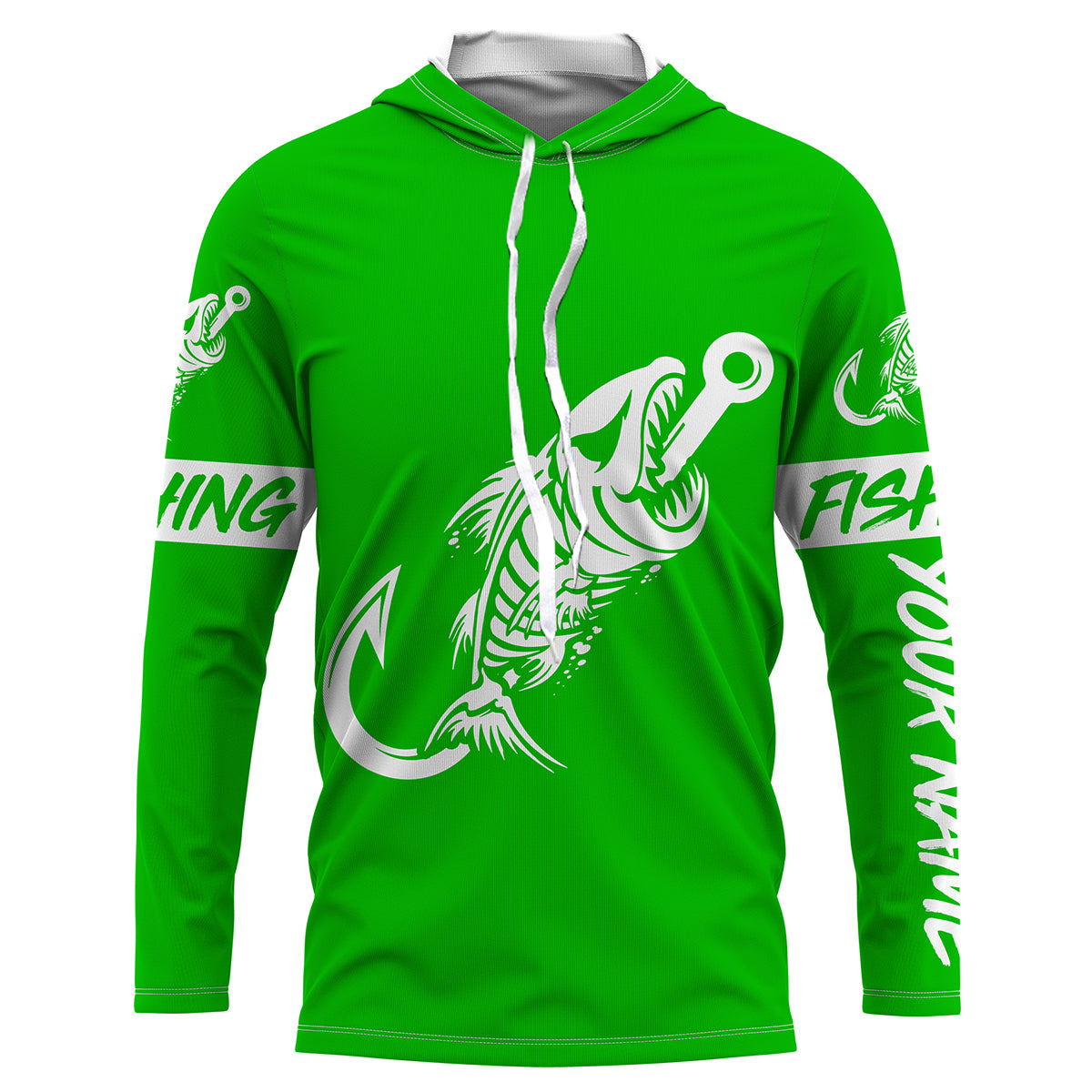 Green Fish hook skull fish reaper skeleton Custom fishing Long sleeve, Long Sleeve Hooded NPQ780