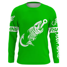 Load image into Gallery viewer, Green Fish hook skull fish reaper skeleton Custom name fishing jerseys | Long sleeve, Long Sleeve Hooded NPQ780
