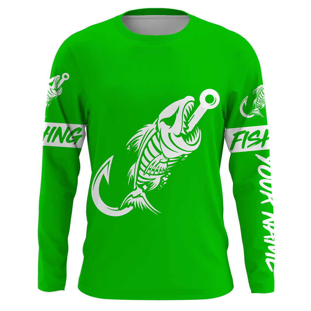 Green Fish hook skull fish reaper skeleton Custom name fishing jerseys | Long sleeve, Long Sleeve Hooded NPQ780