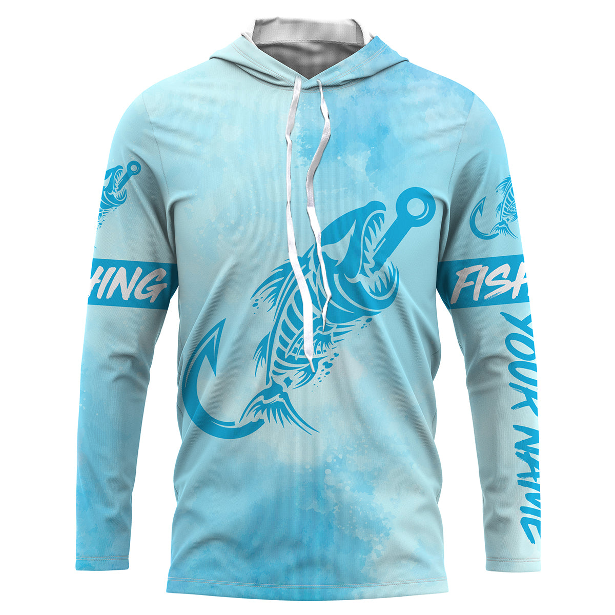 Light Blue Fish hook skull fish reaper skeleton Custom fishing Long sleeve, Long Sleeve Hooded NPQ781