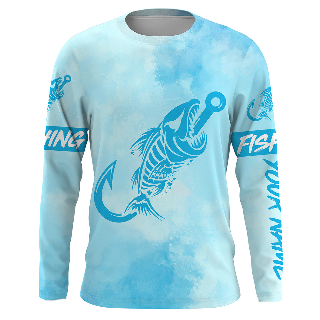Light Blue Fish hook skull fish reaper skeleton Custom name fishing jerseys | Long sleeve, Long Sleeve Hooded NPQ781