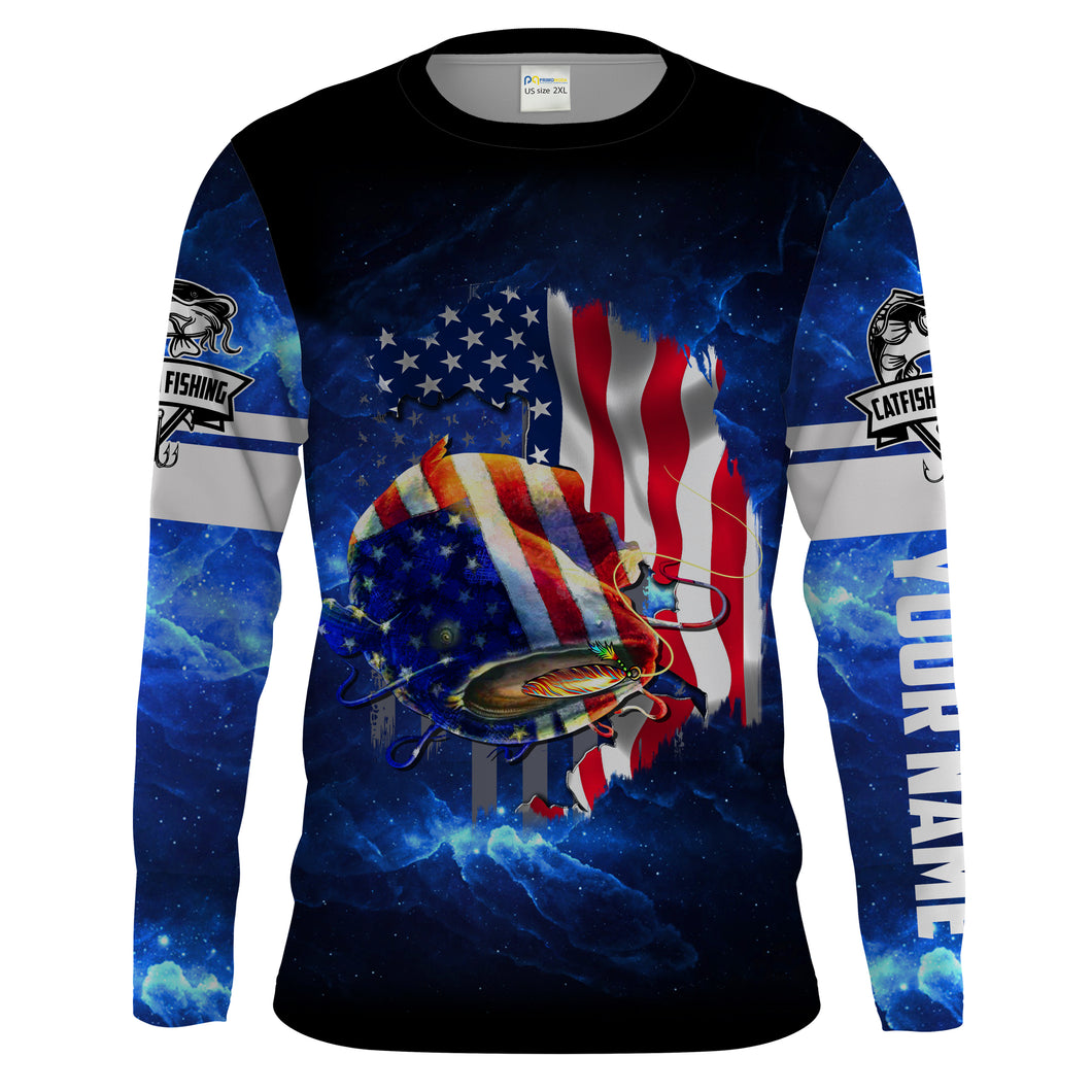Catfish Fishing American flag patriotic Customize Name UV protection quick dry UPF 30+ long sleeves fishing shirt for men NPQ108