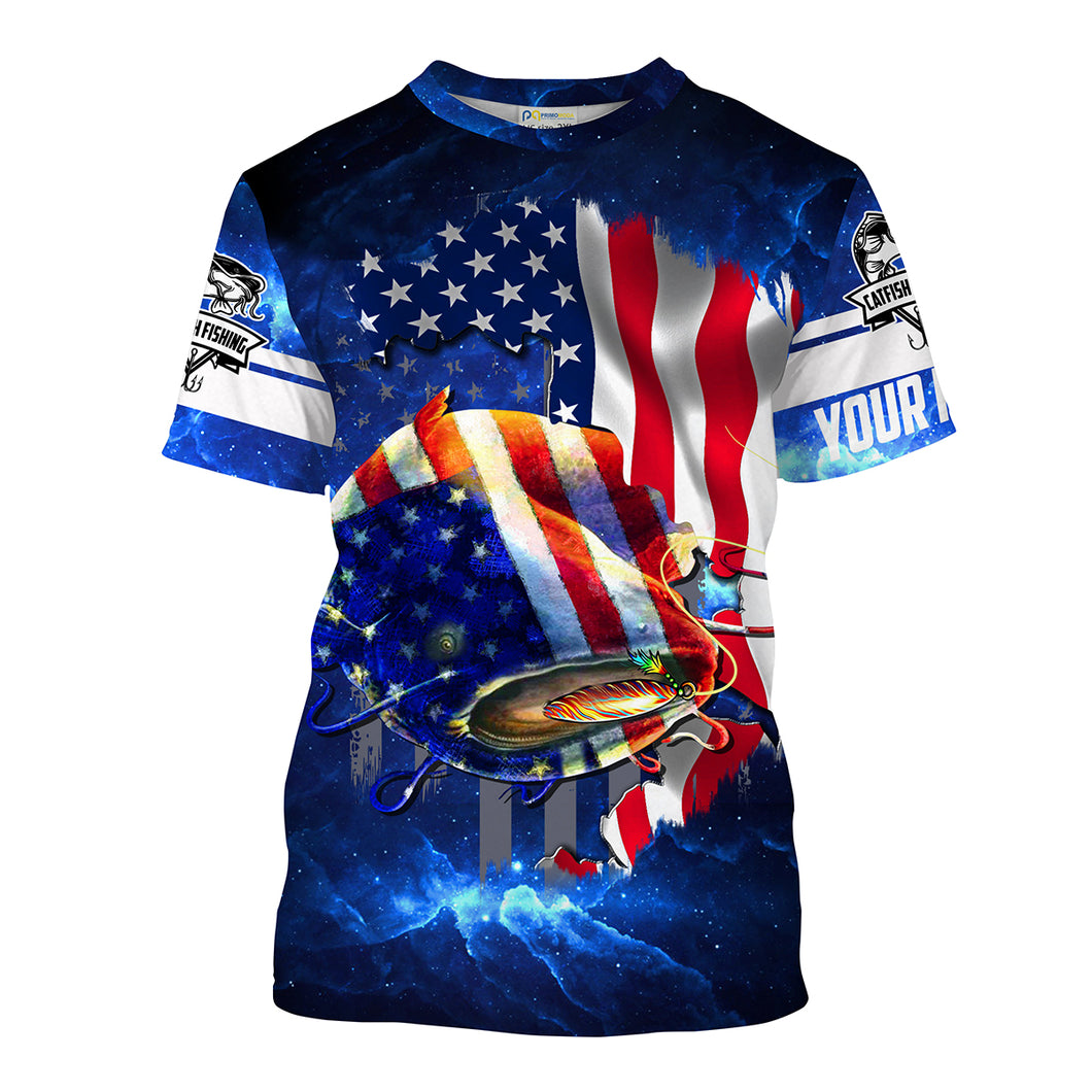 Catfish Fishing 3D American Flag PatrioticCustomize Name All-over Print Unisex fishing T-shirt NPQ108