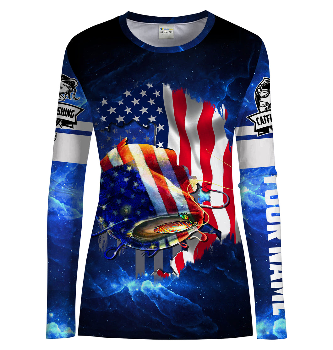 Catfish Fishing 3D American Flag Patriotic Customize Name UV protection UPF 30+ long sleeves fishing shirt for women NPQ108