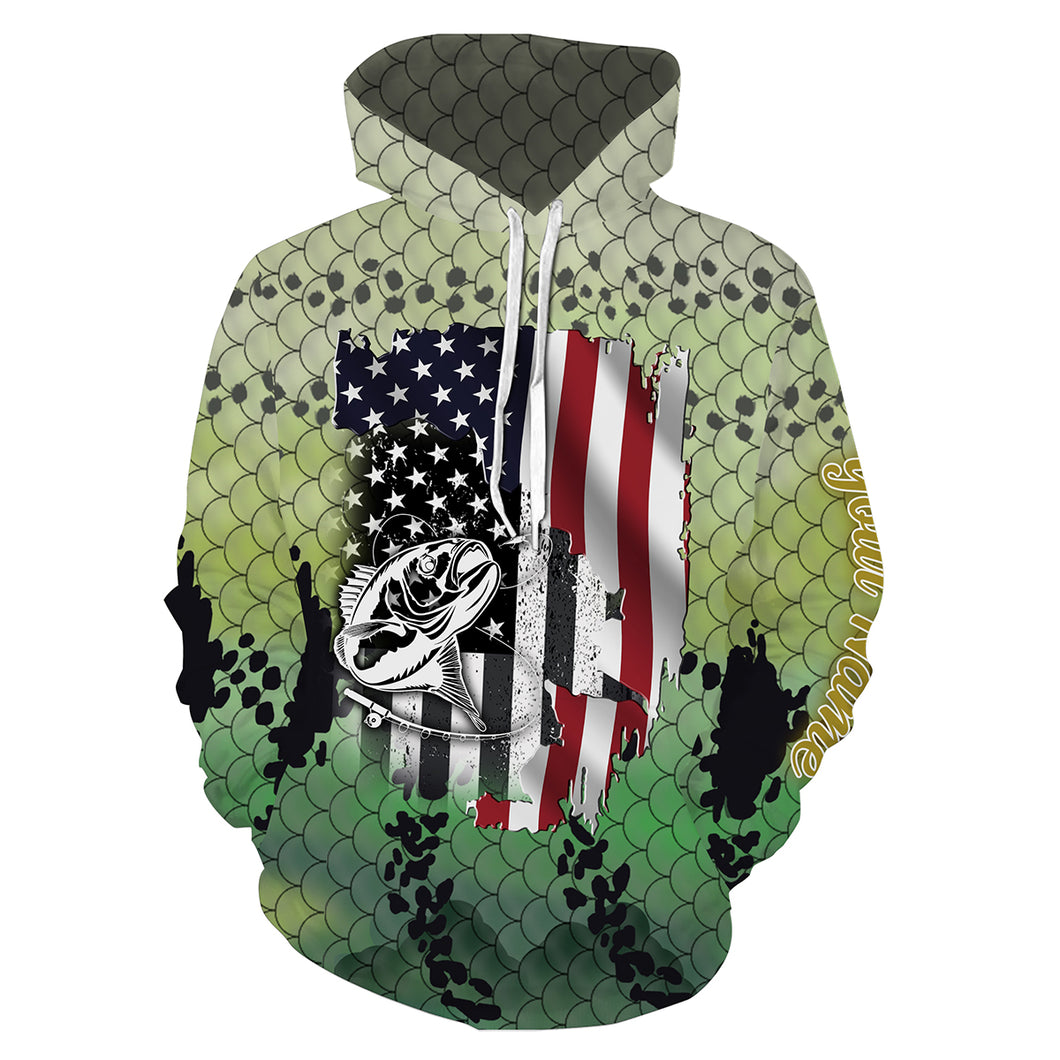 Largemouth Bass Fishing American flag patriotic bass fishing scales Customize name 3D All Over Printed fishing hoodie NPQ373